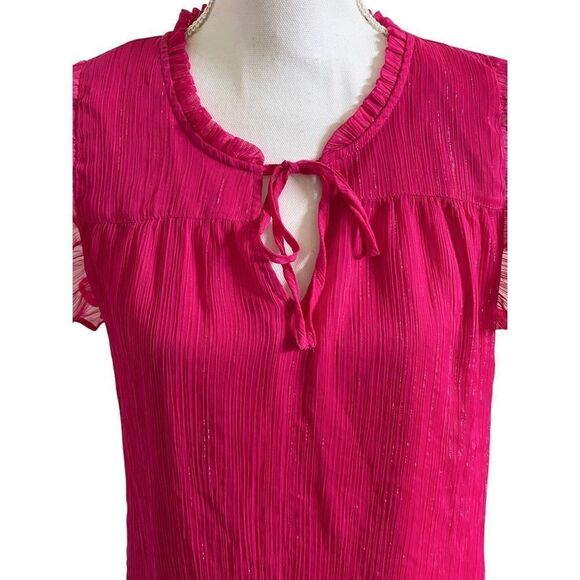 LC Lauren Conrad Hot Pink Metallic Sparkle Tie Front Flutter Top Ladies Medium - Picture 2 of 5